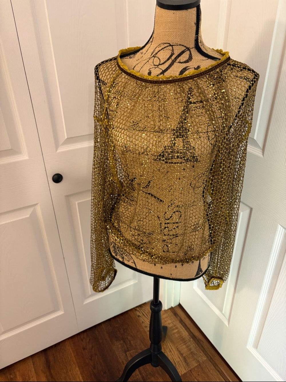 Free People Gold Sequin Mesh Long-Sleeve Top